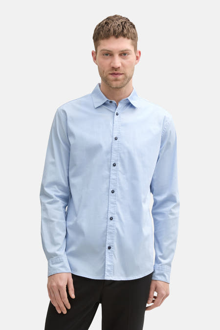 Blauw overhemd met lange mouwen van TOM TAILOR, effen dessin en zwarte knopen.
