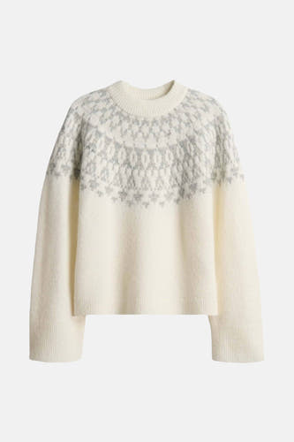 Pull-over blanc avec col rond d'OPUS, doté d'un motif de tricot norvégien gris-blanc.