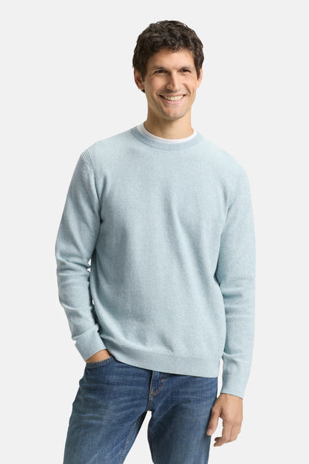 T-shirt bleu avec col rond de TOM TAILOR, vu par derrière, avec des jeans.