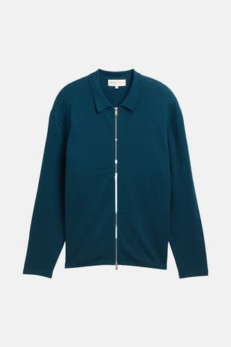 Gilet turquoise de TOM TAILOR avec des manches longues et une fermeture éclair argentée.