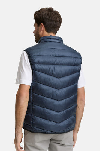 Gilet bleu de TOM TAILOR, vu d'arrière, porté sur un t-shirt blanc.