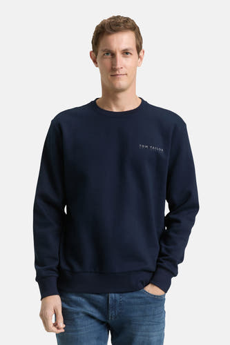 Pull-over bleu de TOM TAILOR avec des manches longues, associé à des jeans et des baskets blanches.