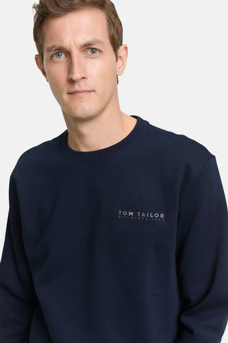 Pull-over bleu de TOM TAILOR avec logo de la marque sur la poitrine, col rond et manches longues.