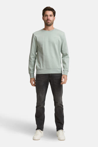 Groene sweater met ronde hals van TOM TAILOR, met lange mouwen en gecombineerd met donkere jeans en witte sneakers.