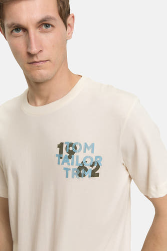 Ecru T-shirt met korte mouwen van Tom Tailor, met opdruk op de borst.