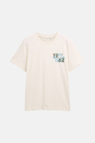 Ecru T-shirt met korte mouwen van TOM TAILOR, met een kleine tekstprint op de borst.