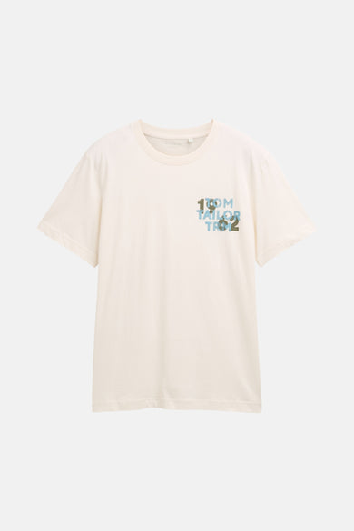 Ecru T-shirt met korte mouwen van TOM TAILOR, met een kleine tekstprint op de borst.