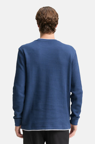 Blauwe trui met ronde hals van TOM TAILOR, geribbelde textuur, gezien van achteren.
