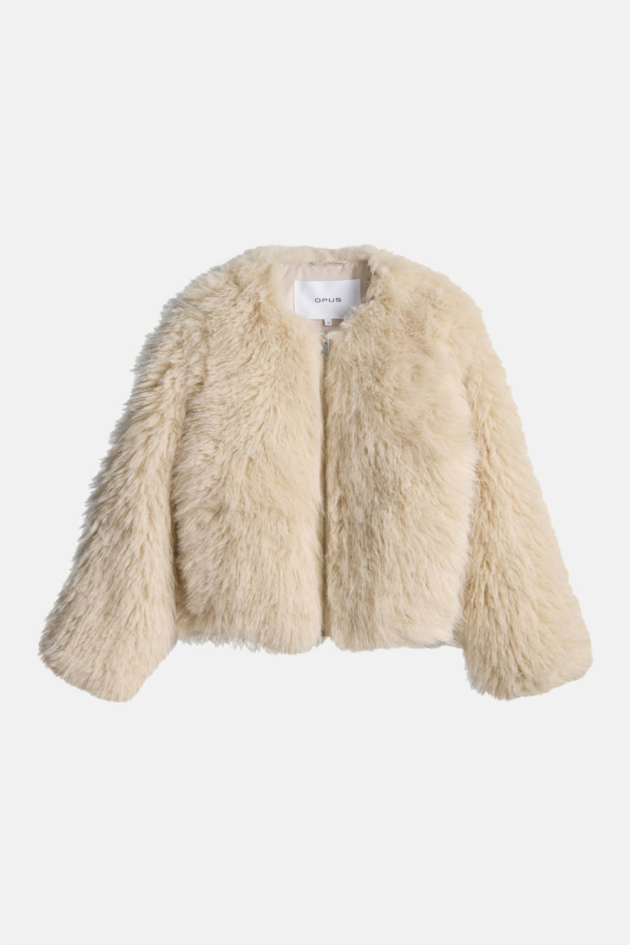 Beige korte jas van OPUS, met een zachte, wollige textuur en een ritssluiting aan de voorkant.
