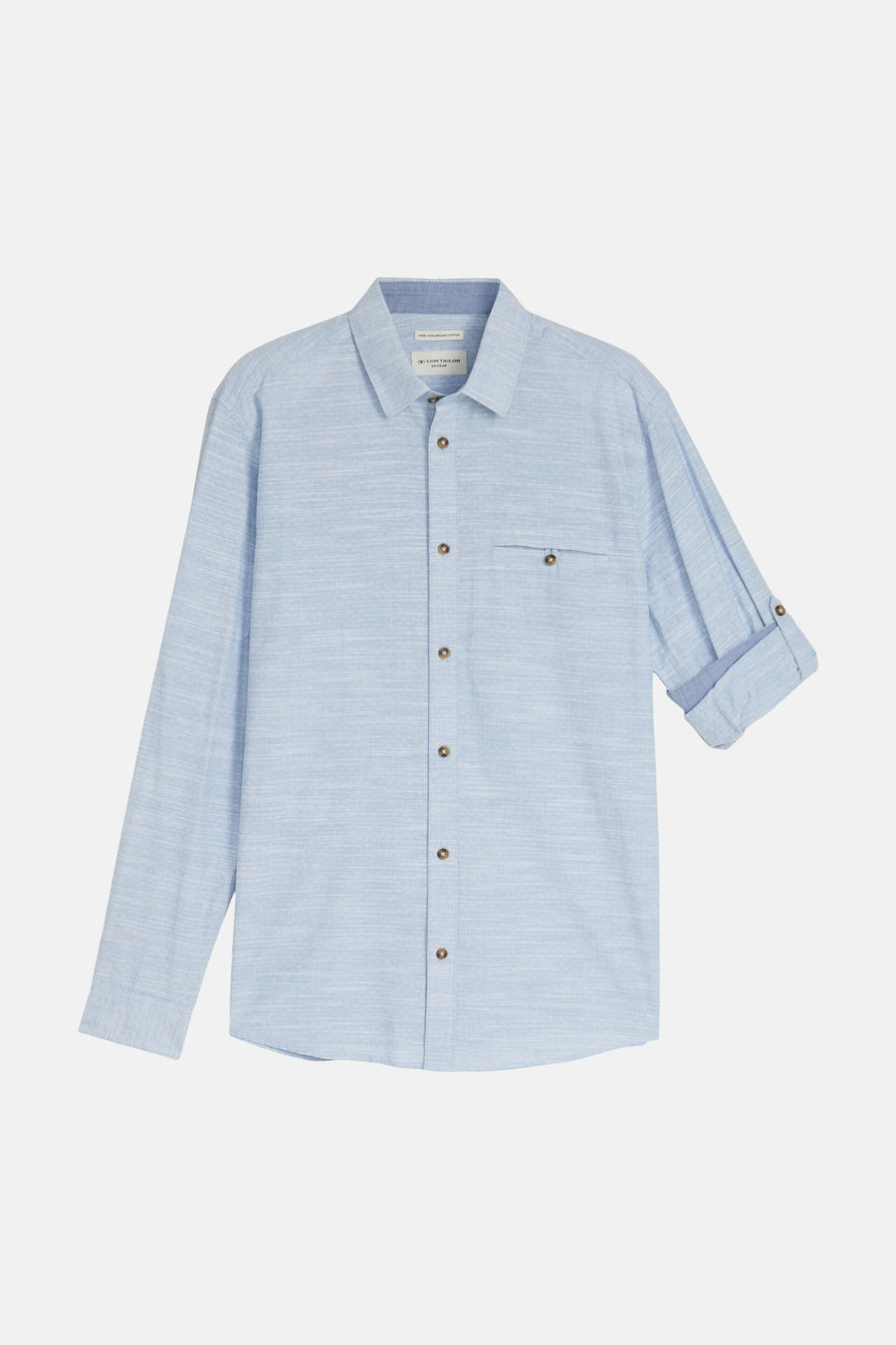 Blauw overhemd met lange mouwen van TOM TAILOR, één mouw is opgerold, met borstzak.