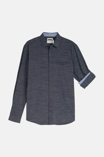 Blauw overhemd met lange mouwen van TOM TAILOR, met een subtiel weefpatroon en opgerolde mouw.