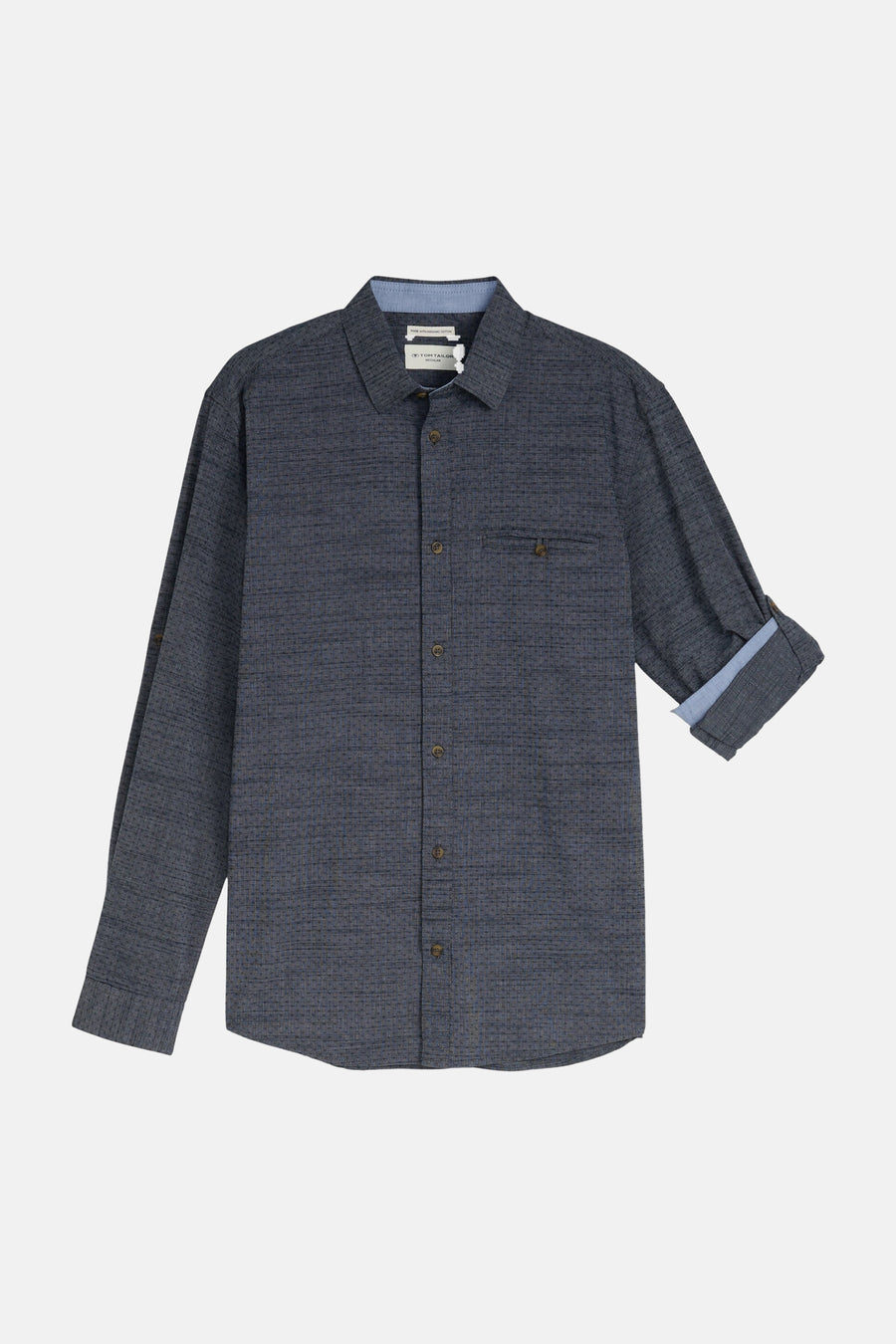 Blauw overhemd met lange mouwen van TOM TAILOR, met een subtiel weefpatroon en opgerolde mouw.