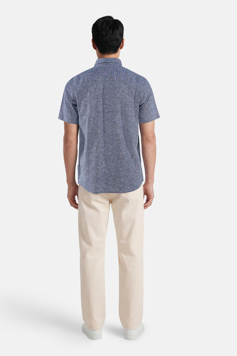 Blauw hemd met korte mouwen van TOM TAILOR, met subtiele geweven textuur en lichte spikkels, achterkant.