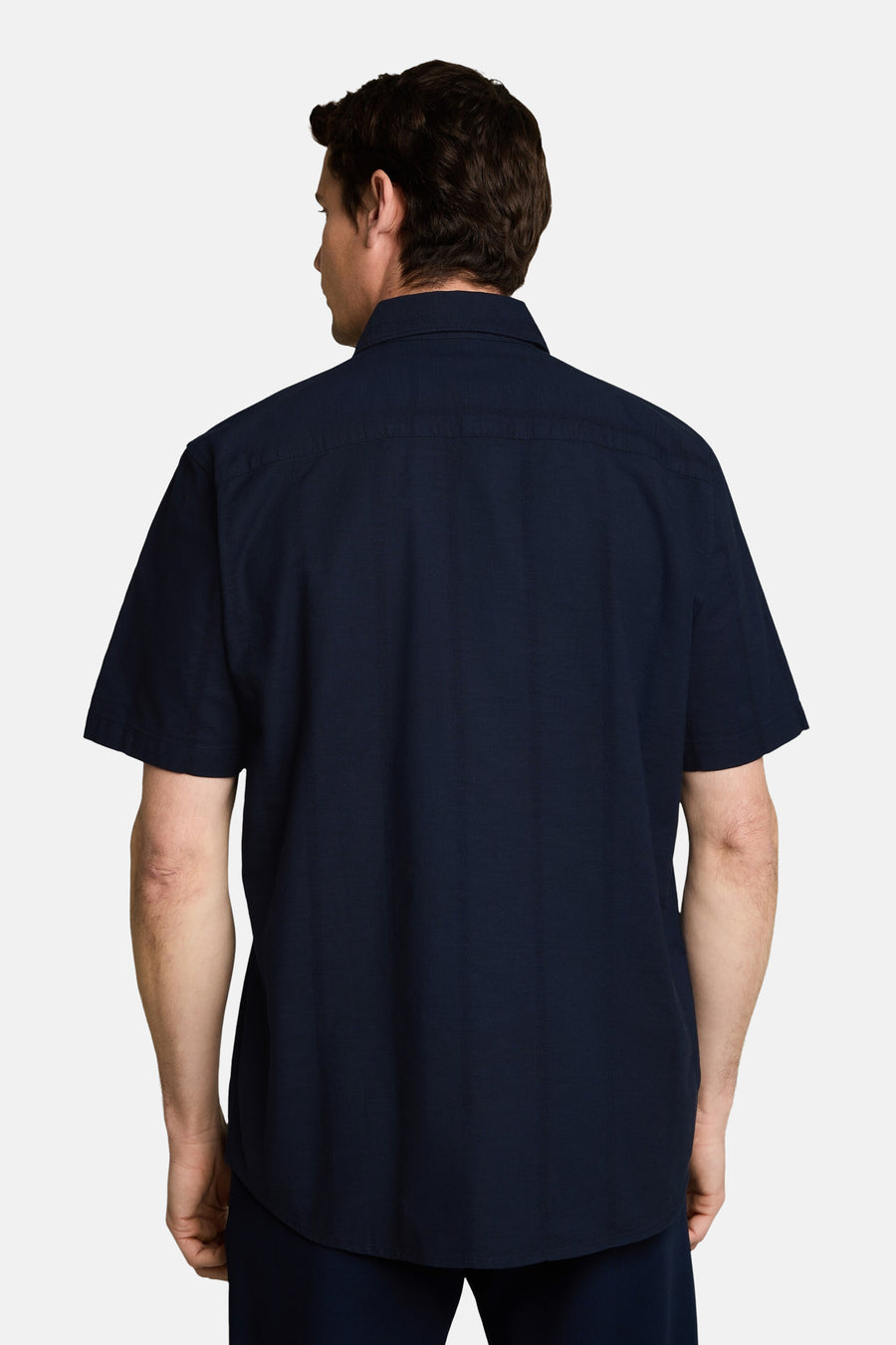 Donkerblauw korte mouwen overhemd van TOM TAILOR, achterkant weergegeven, fijne textuur, gestreept patroon, casual fit