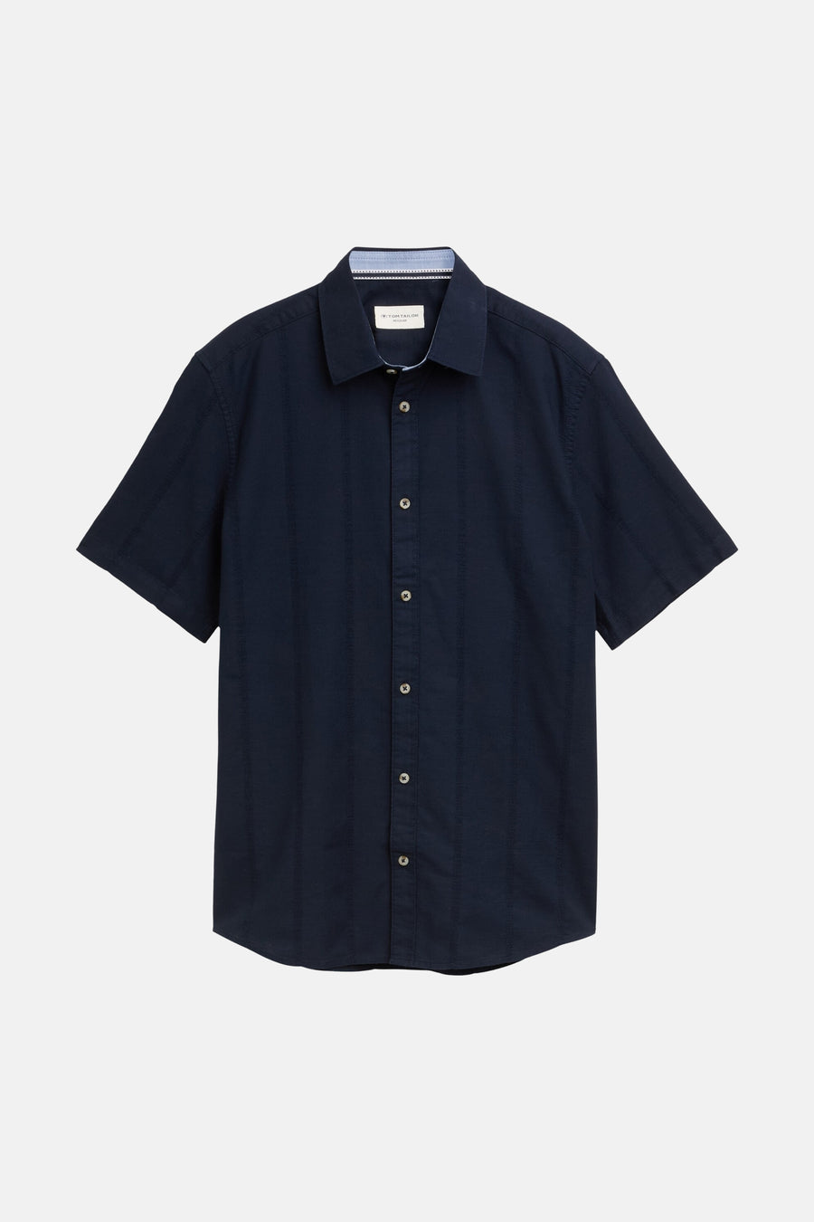 Donkerblauw korte mouwen overhemd van TOM TAILOR met fijne verticale structuur en knoopsluiting, front view