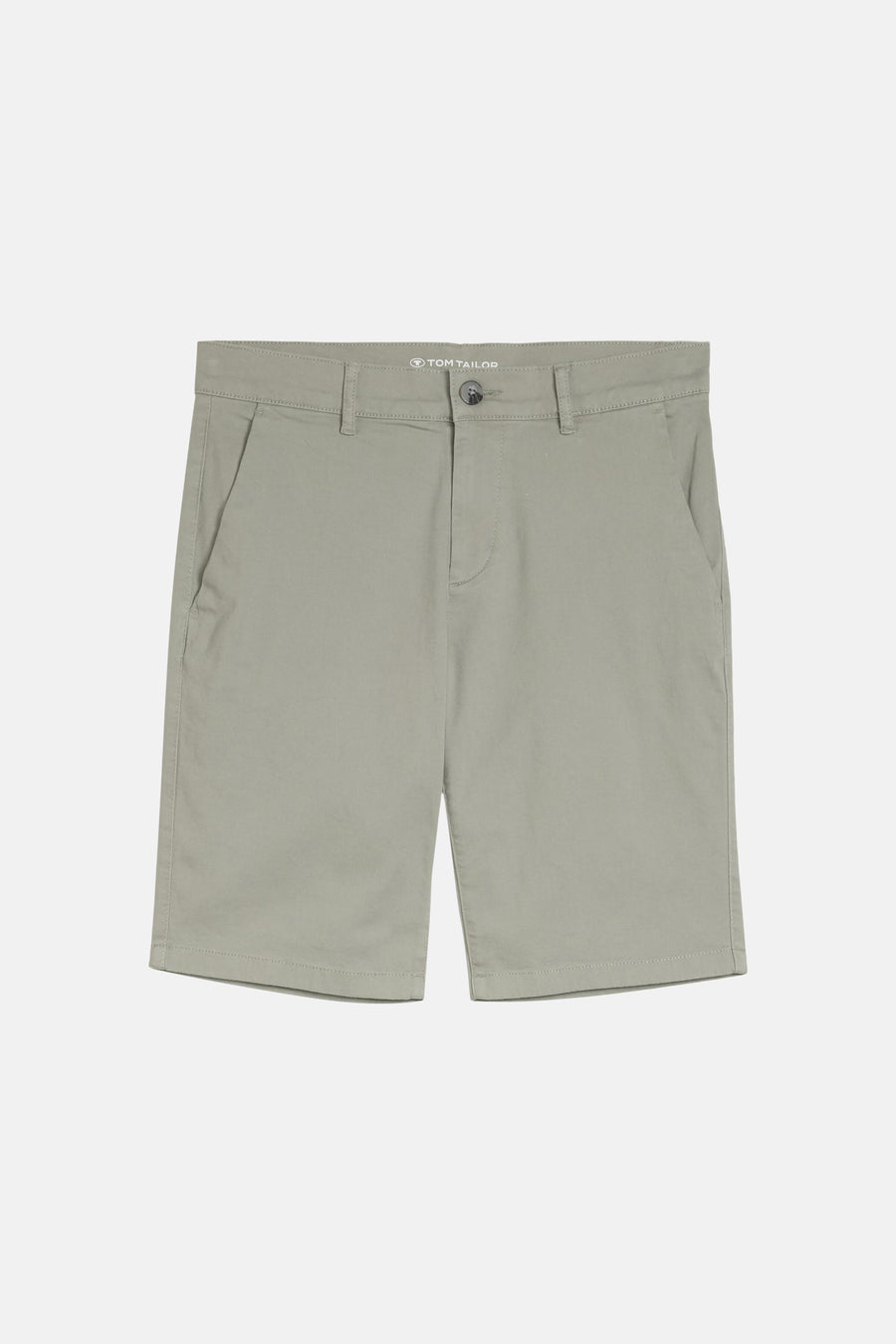Short vert de TOM TAILOR, design uni avec fermeture à boutons, passants de ceinture et poches italiennes, posé à plat.