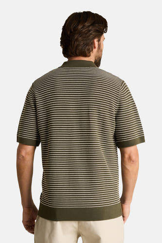 Groene gebreide gestreepte polo van TOM TAILOR met witte strepen, gedragen door een man, rugaanzicht.
