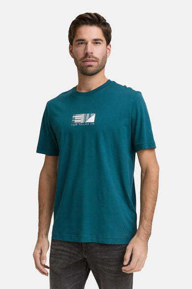 T-shirt bleu à manches courtes de TOM TAILOR TM, avec un logo graphique blanc sur la poitrine.