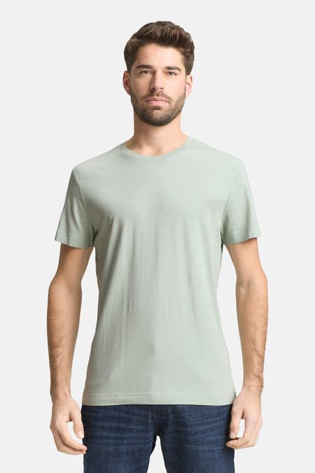 Groen T-shirt met korte mouwen van TOM TAILOR, gedragen door een man, met blauwe jeans.