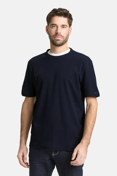 Blauw T-shirt met korte mouwen van TOM TAILOR, met een subtiele ribbeltextuur en een witte onderlaag bij de halslijn.
