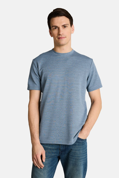 Blauw T-shirt van TOM TAILOR met horizontale strepen, korte mouwen en een ronde hals.
