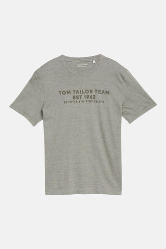 Grijze korte mouw T-shirt van TOM TAILOR met groen logo en tekst, front view, melange stof