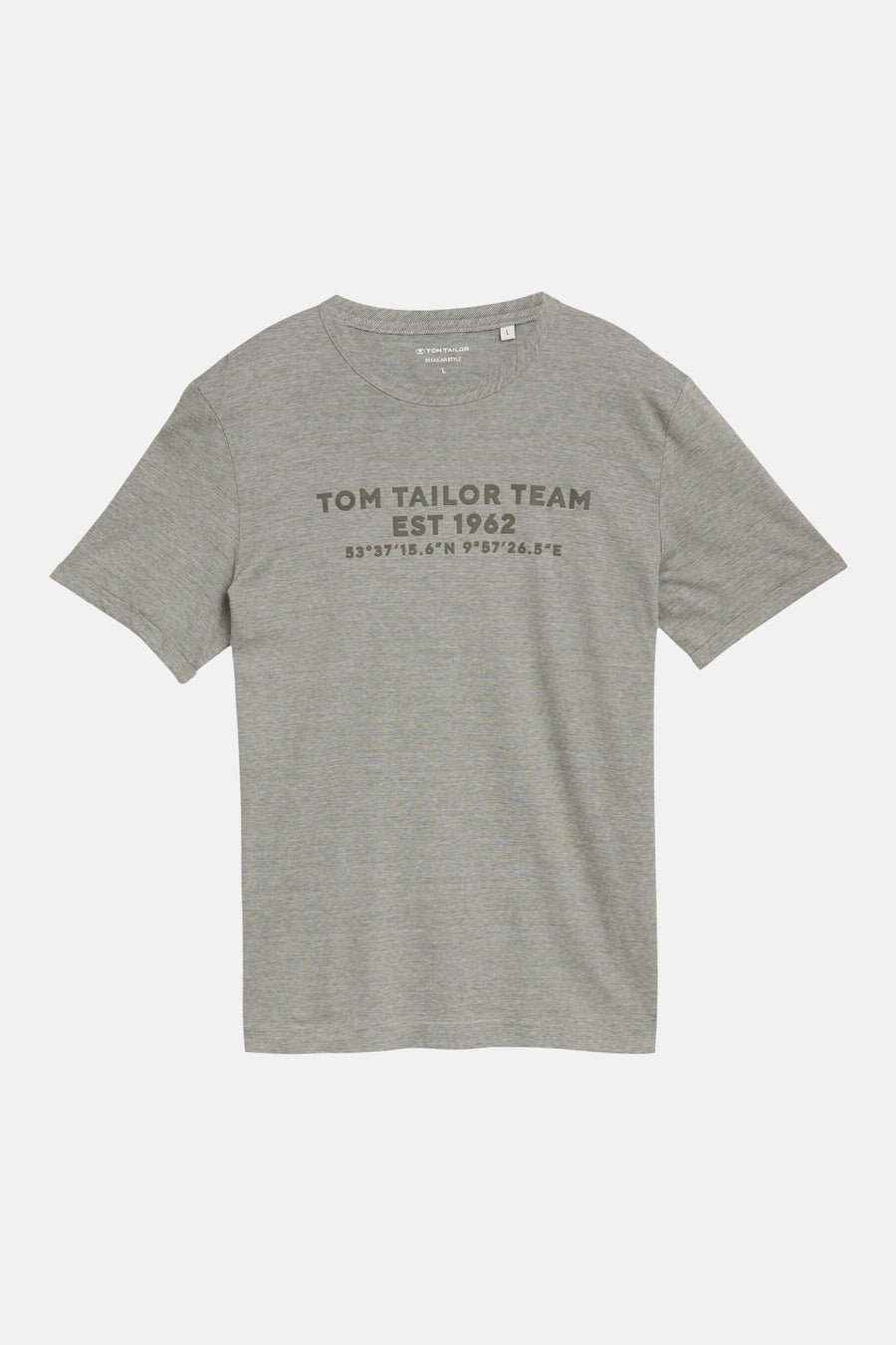 Grijze korte mouw T-shirt van TOM TAILOR met groen logo en tekst, front view, melange stof