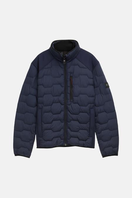 Korte blauwe jas van TOM TAILOR, met doorgestikte details en een opstaande kraag.