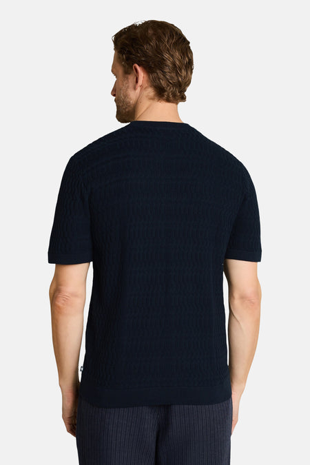 Blauwe ronde hals trui van TOM TAILOR, met golfpatroon en korte mouwen, rugzicht op model