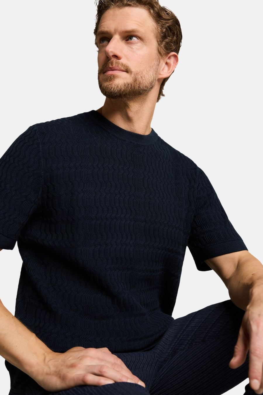 Blauwe ronde hals trui van TOM TAILOR met zigzag textuur, korte mouwen, lifestyle shot van man in zijaanzicht