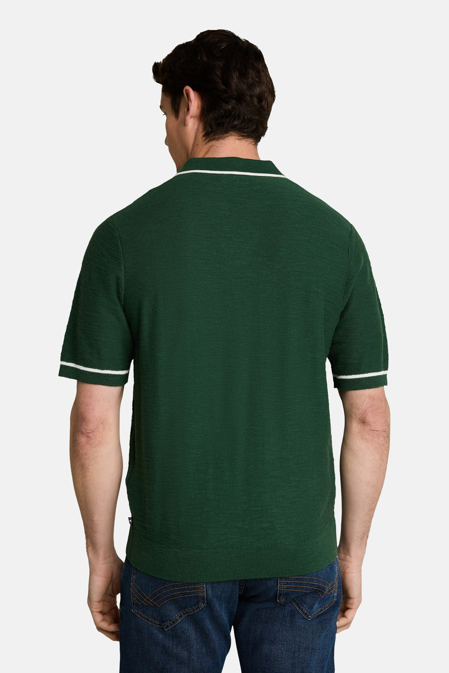 Groene polo van TOM TAILOR, achterkant, met witte bies aan kraag en mouwen, gestreept materiaal, casual fit