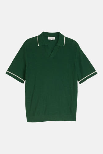 Groene polo met witte bies aan kraag en mouwen, van TOM TAILOR, front view, katoenmix, gestreept detail