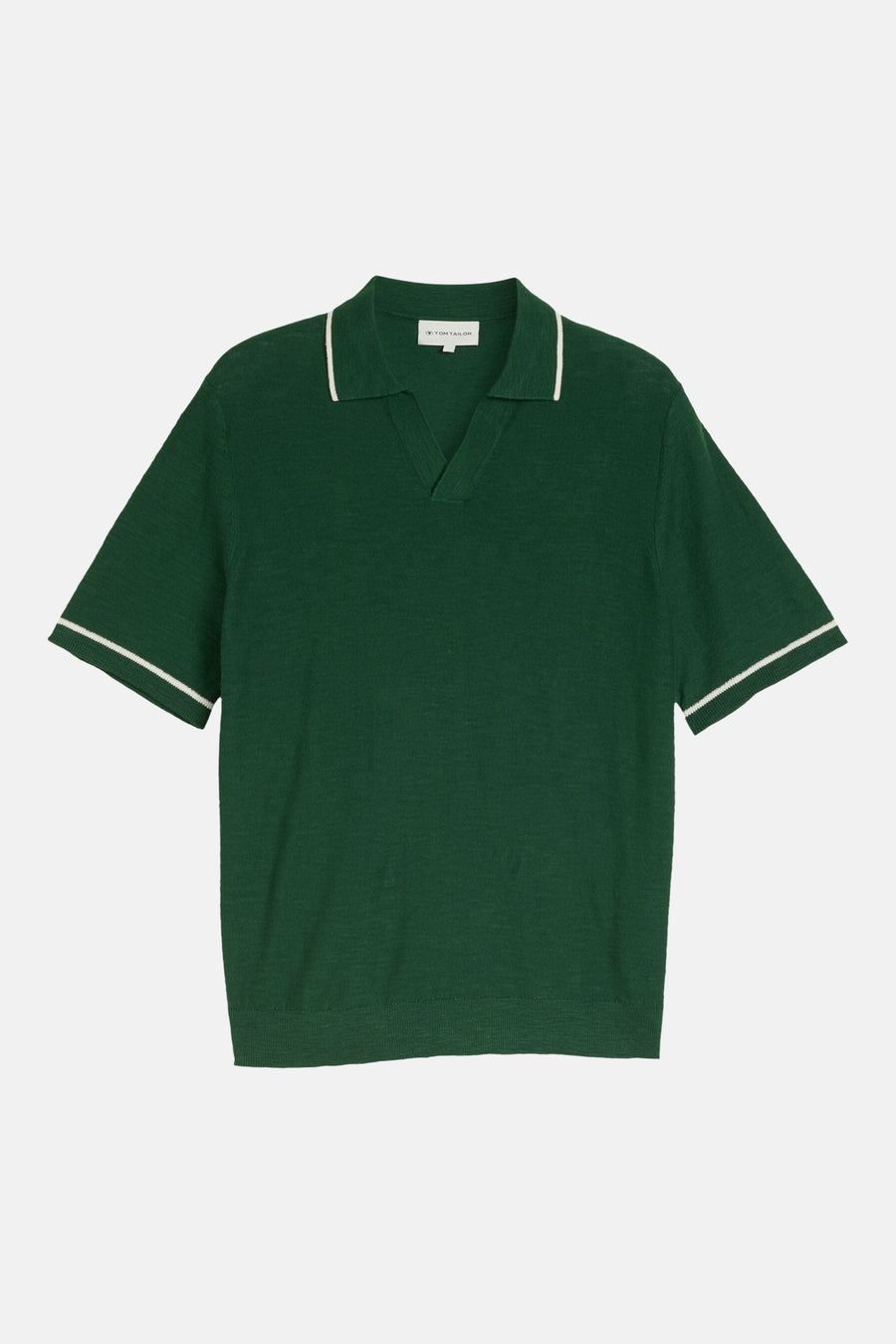 Groene polo met witte bies aan kraag en mouwen, van TOM TAILOR, front view, katoenmix, gestreept detail