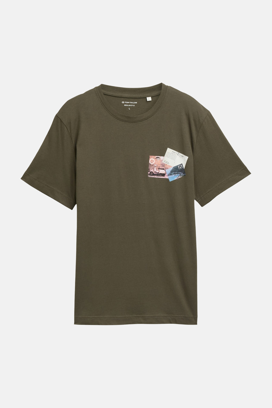 Olijfgroene korte mouwen T-shirt van TOM TAILOR met grafisch print op borstzak, ronde hals en regular fit, front view