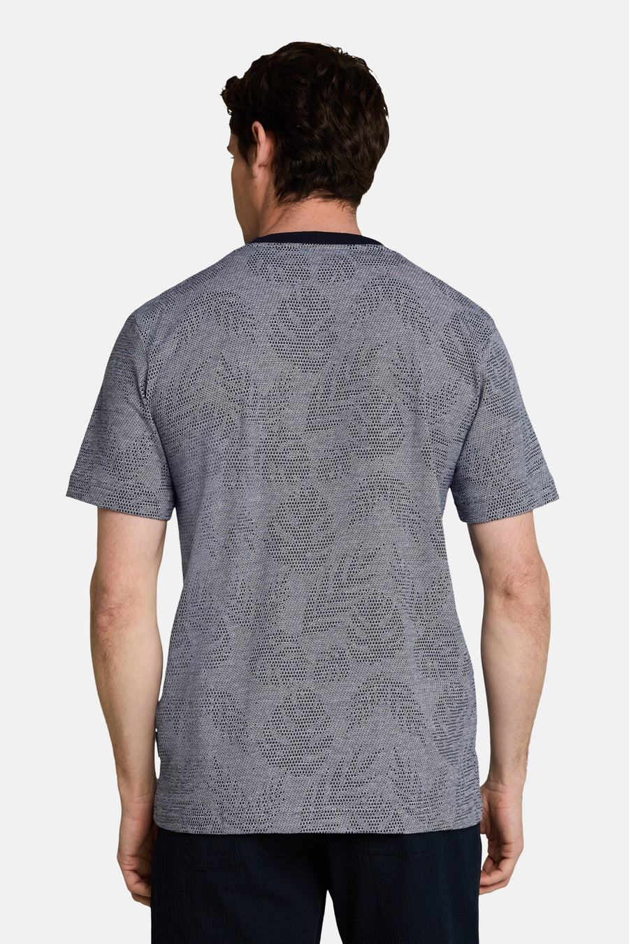 Blauwe korte mouw T-shirt van TOM TAILOR, met fijn textuurpatroon, achterkant weergave op model