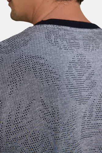 Blauwe korte mouwen T-shirt van TOM TAILOR, met gestreept patroon en donkere kraag, close-up van rugzijde