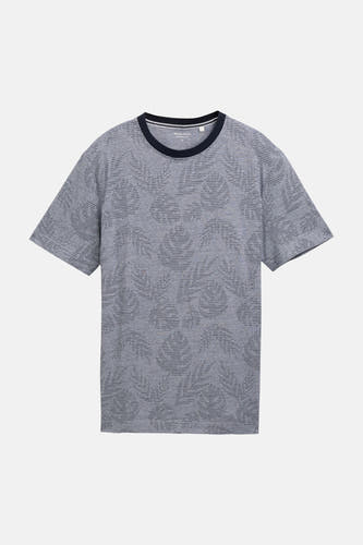 Blauwe korte mouw T-shirt van TOM TAILOR met textuurpatroon en donkere kraag, front view