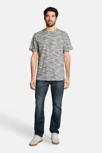 Multicolor gestreepte korte mouw T-shirt van TOM TAILOR, gedragen met donkerblauwe jeans en lichte sneakers, front view