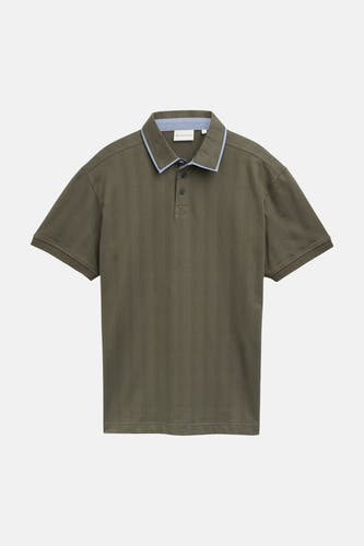 Olijfgroene polo met fijne ruitstructuur van TOM TAILOR, lichtblauwe kraagaccenten, korte mouwen, vooraanzicht