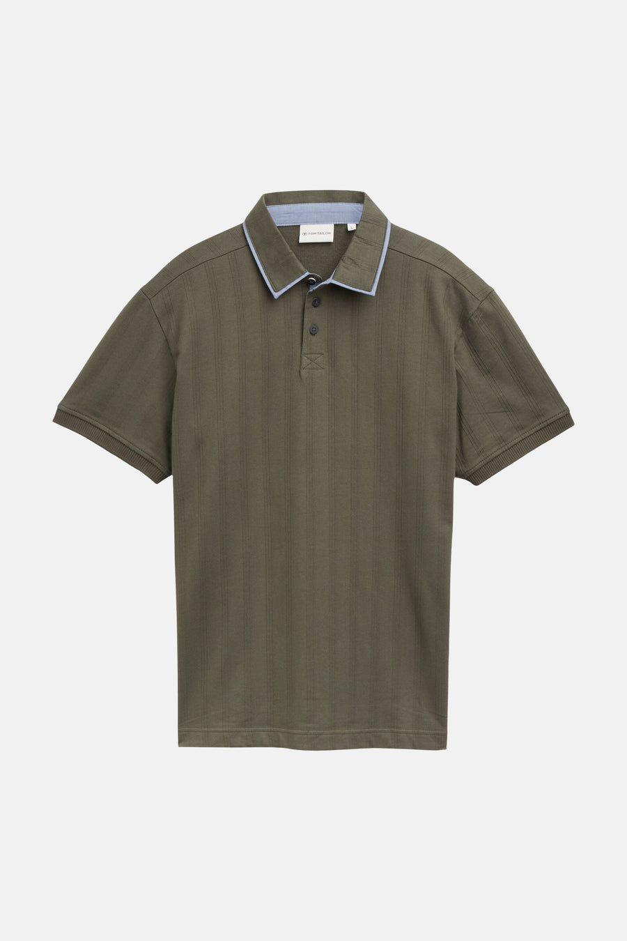 Olijfgroene polo met fijne ruitstructuur van TOM TAILOR, lichtblauwe kraagaccenten, korte mouwen, vooraanzicht