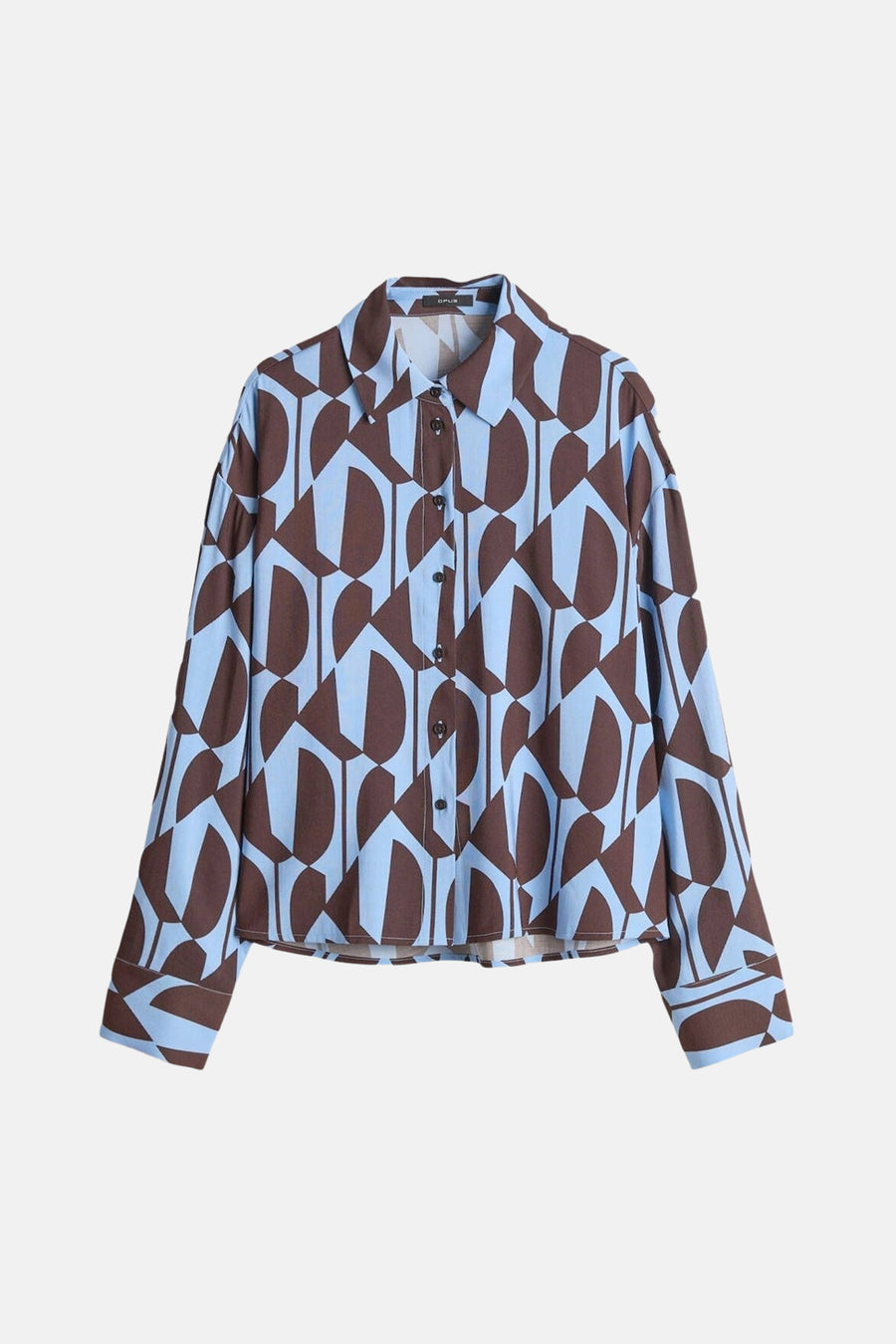 Multikleurige blouse met lange mouwen van OPUS, met een geometrisch patroon in bruin en lichtblauw.
