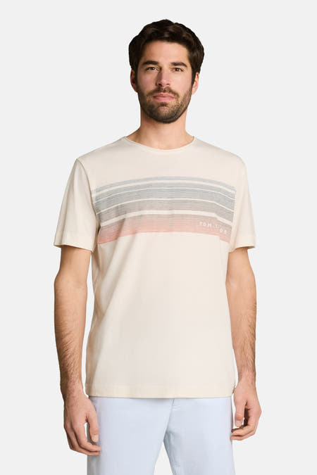 Witte korte mouw T-shirt van TOM TAILOR met horizontale strepen in grijs en roze, voorzien van klein logo, front view op model
