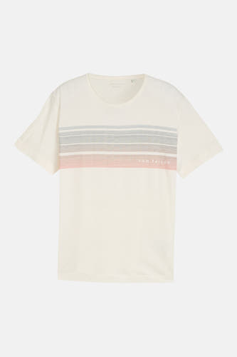 Witte korte mouwen T-shirt van TOM TAILOR met horizontale strepen in grijs en roze, ronde hals, front view