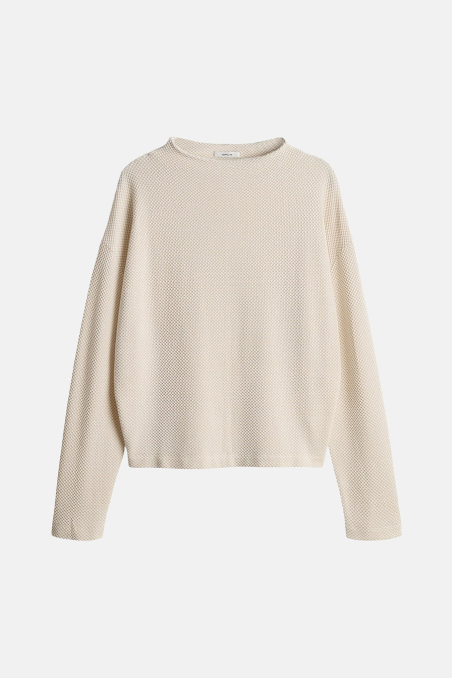 Beige T-shirt met lange mouwen van OPUS, met een geweven textuur en een rechte pasvorm.