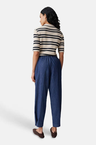 Pantalon de saison bleu pour femme OPUS, de couleur unie bleue avec une taille élastique.