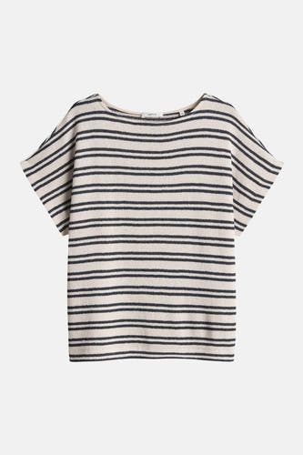 T-shirt rayé en maille crème et bleu marine d'OPUS, à manches courtes et col bateau.