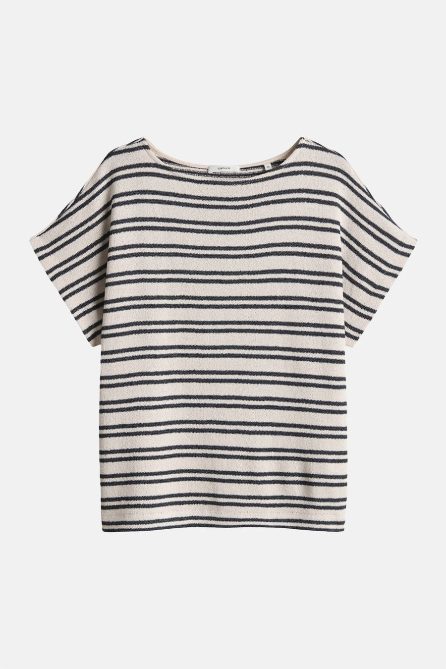T-shirt rayé en maille crème et bleu marine d'OPUS, à manches courtes et col bateau.
