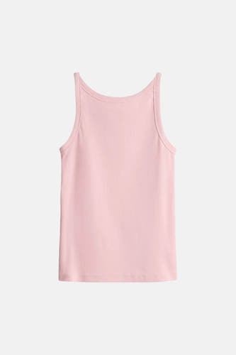 Roze tanktop van OPUS van ribstof met een ronde hals, plat gelegd.