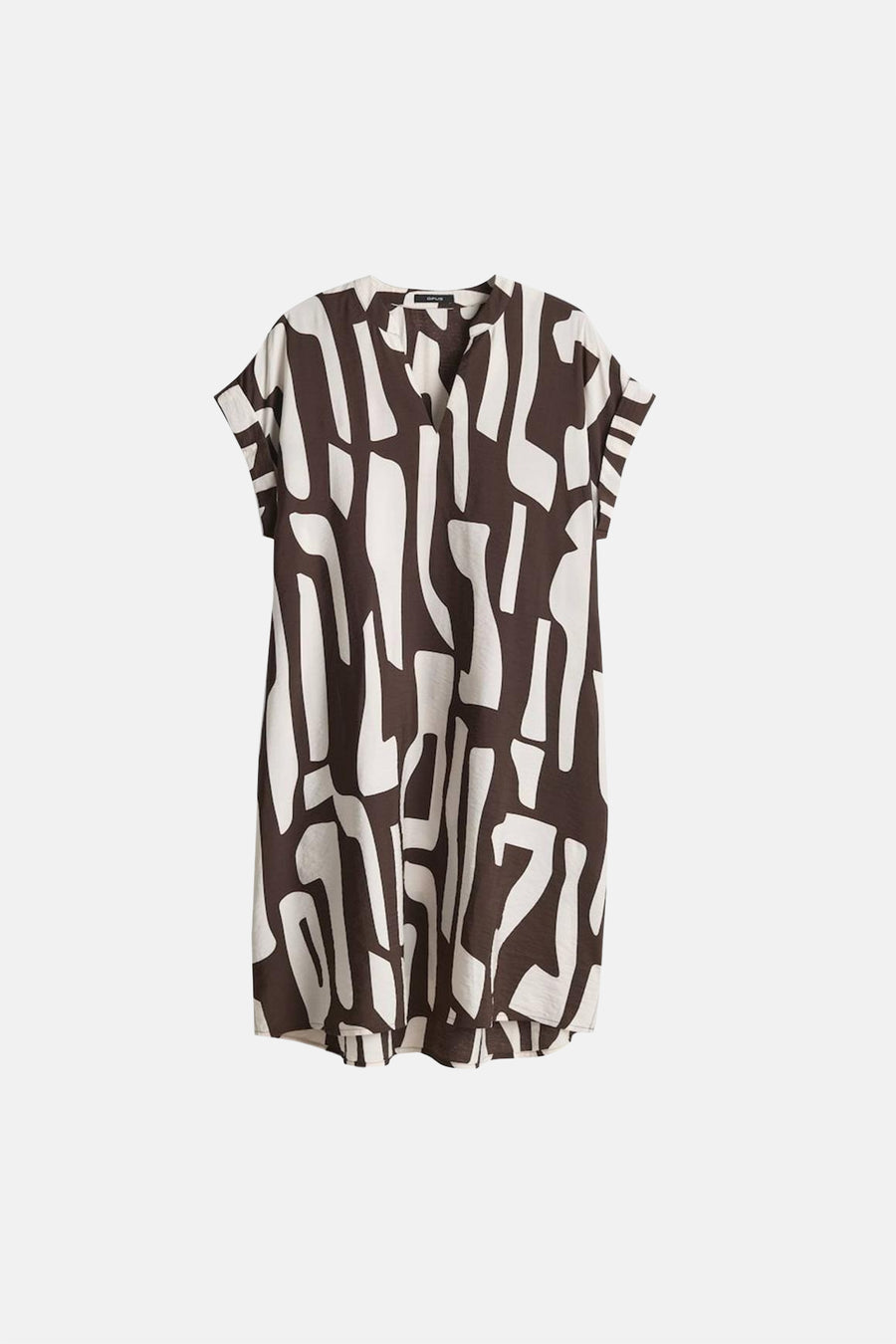 Robe courte marron et blanc cassé à manches courtes d'OPUS, avec un motif abstrait et un col en V.