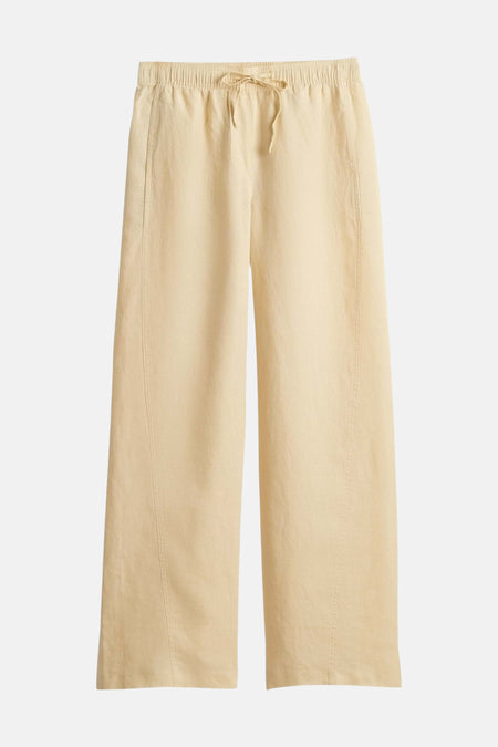 Lichtgele dames seizoensbroek van OPUS met elastische taille, trekkoord en verticale stiknaden.